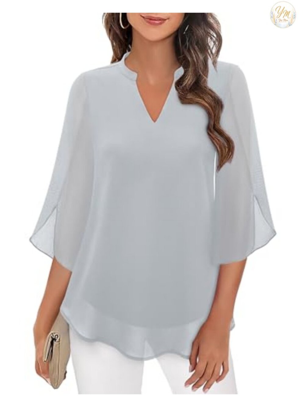Womens Chiffon Blouse 3/4 Bell Sleeve V Neck Double Layer Dressy Casual Tunic